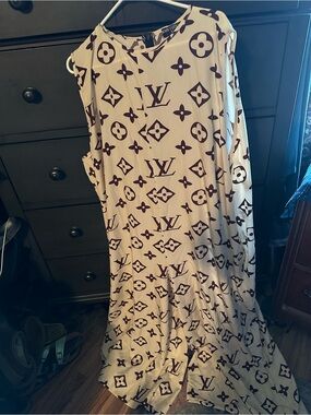 Designer-Inspired Cream Jumpsuit with Brown Monogram Print